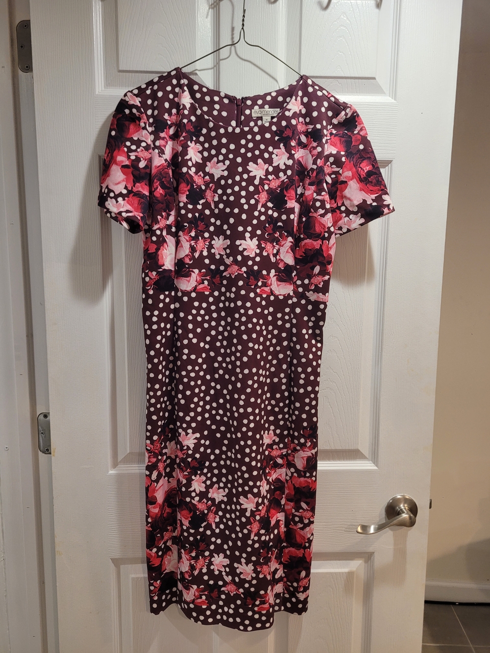 New York & Company Burgundy Midi Dress with Pink Floral and White Polka Dots